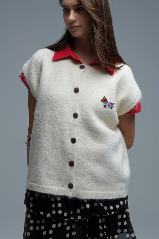 Cream relaxed knitted Vest With Embroidered Dog Detail