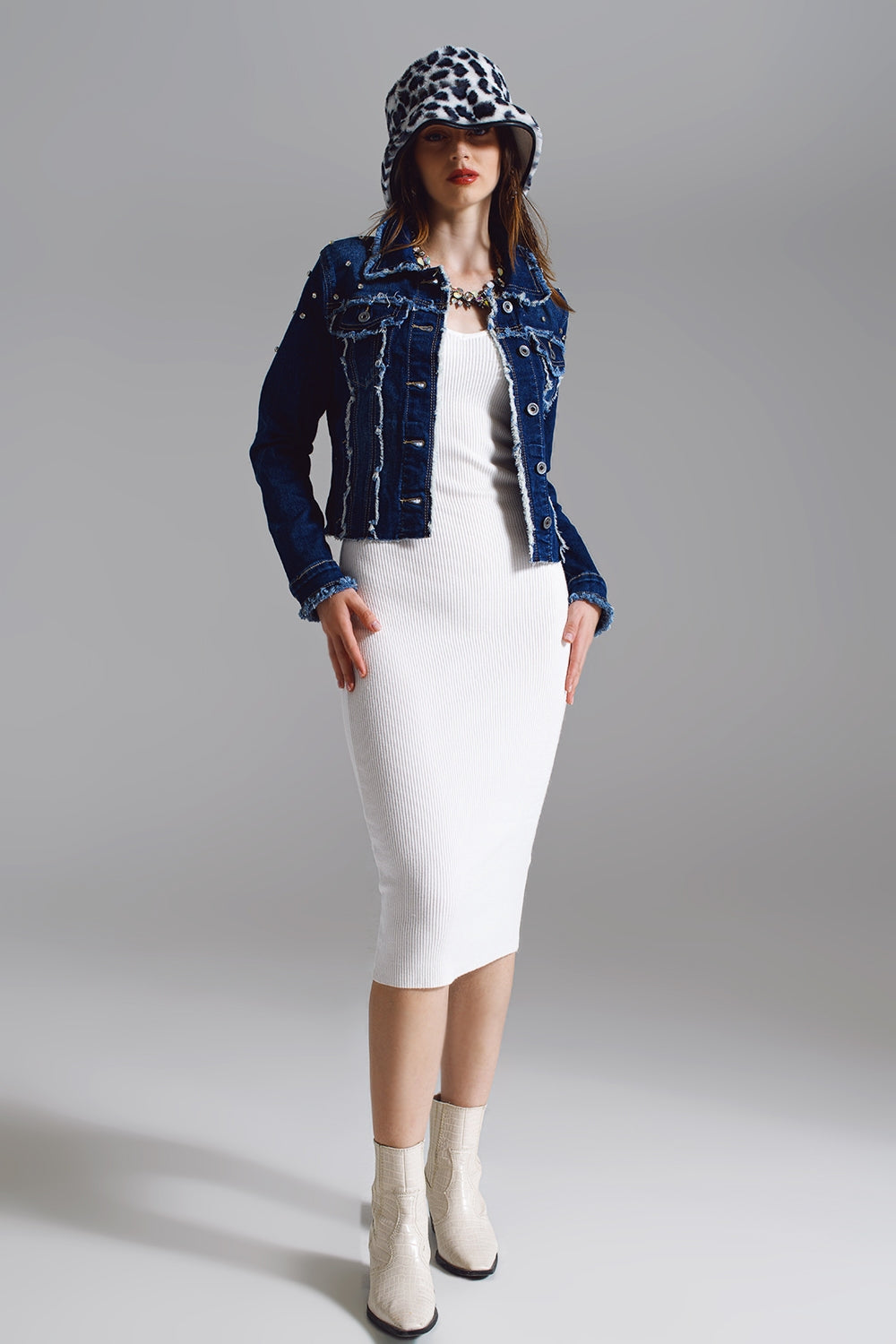 Blue Denim Midwash Jacket with Frayed and Embroidered Details