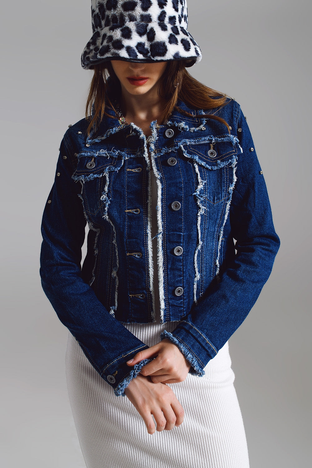 Blue Denim Midwash Jacket with Frayed and Embroidered Details