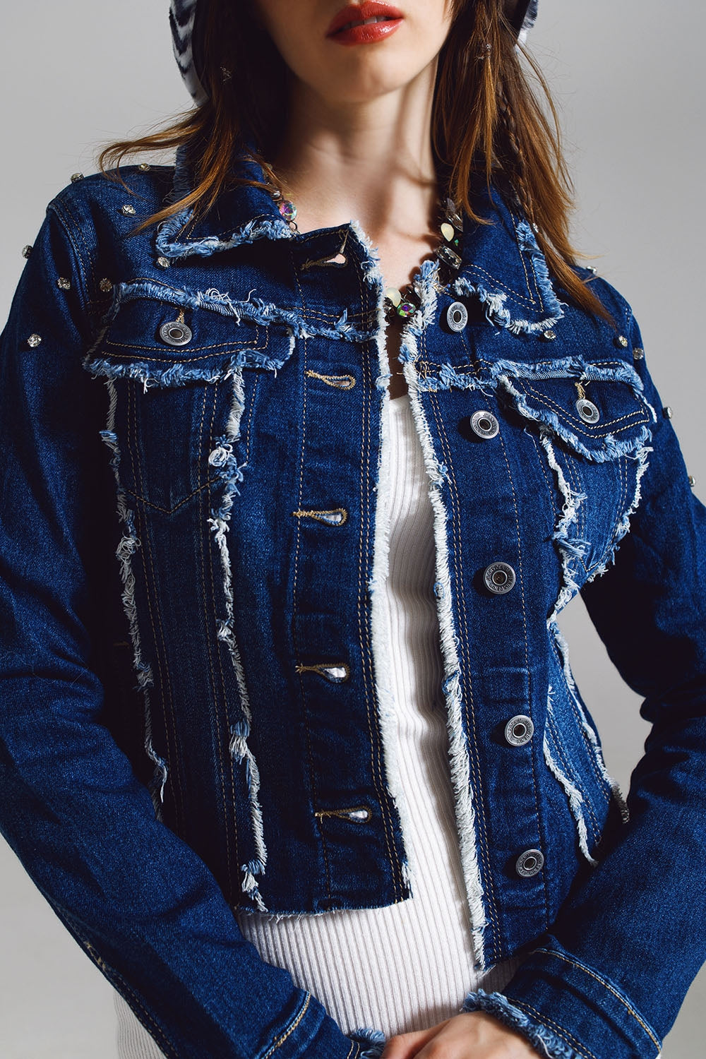 Blue Denim Midwash Jacket with Frayed and Embroidered Details