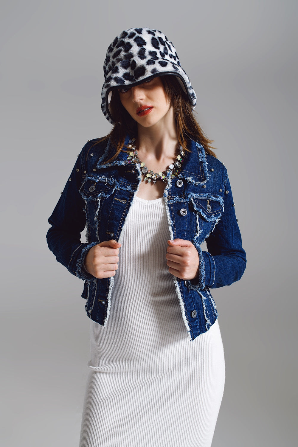 Blue Denim Midwash Jacket with Frayed and Embroidered Details