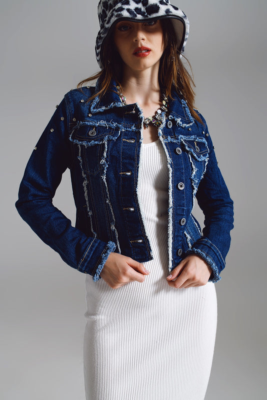 Blue Denim Midwash Jacket with Frayed and Embroidered Details
