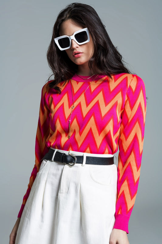 Fuchsia Sweater with Zig Zag Orange Print