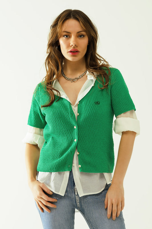 Green Short Sleeves Cardigan with Front Placket Button