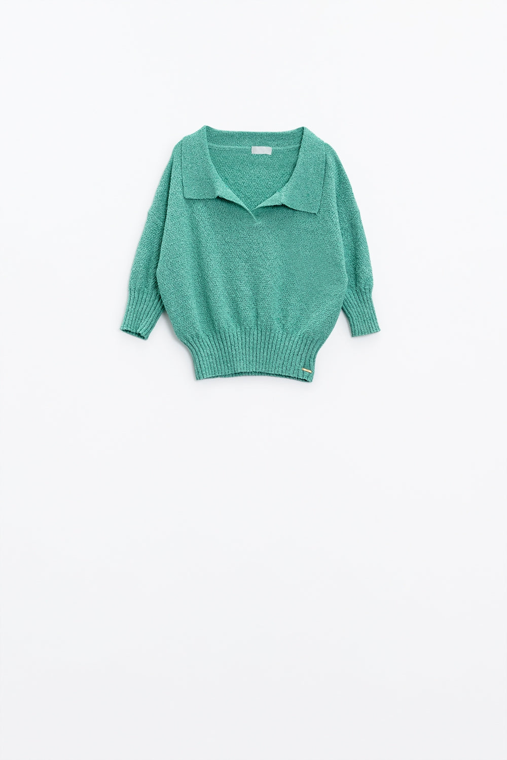 Green Polo Collar Sweater with 3/4 Sleeves