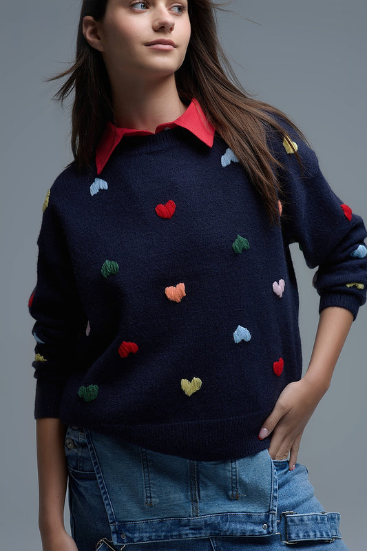 Navy Sweater With Multicolor Embroidered Hearts View more