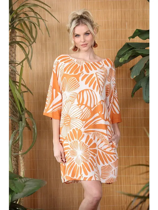 All Cotton 3/4 Sleeve Dress with Pockets