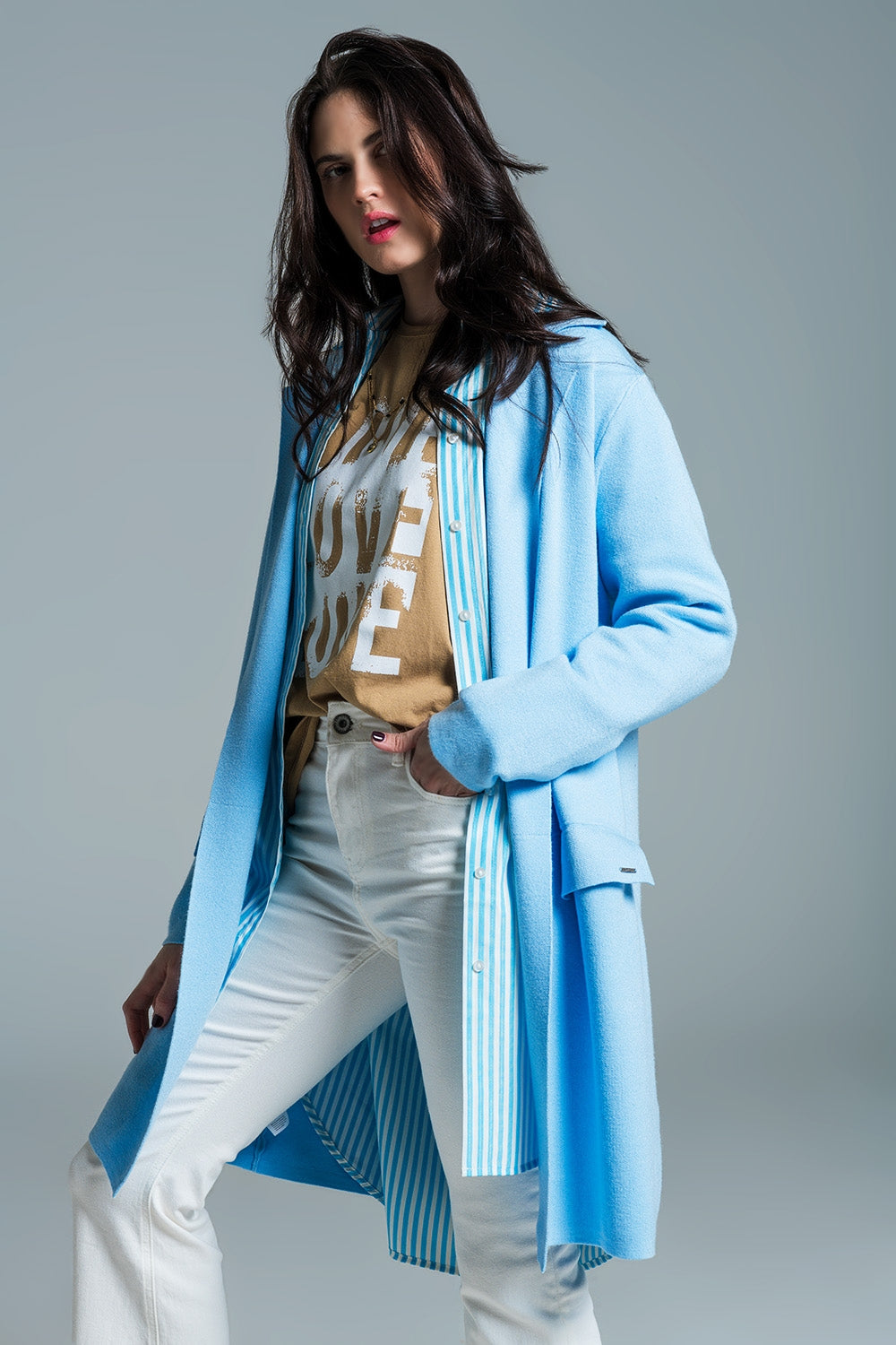 Oversized Collar Maxi Cardigan in Blue