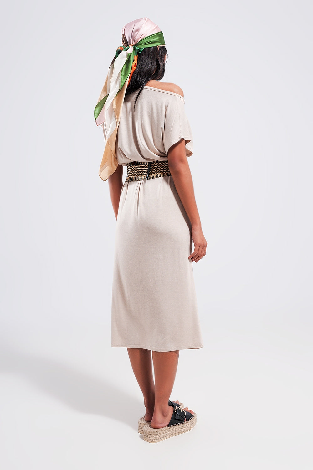 Beige Asymmetric Midi Dress with Ring