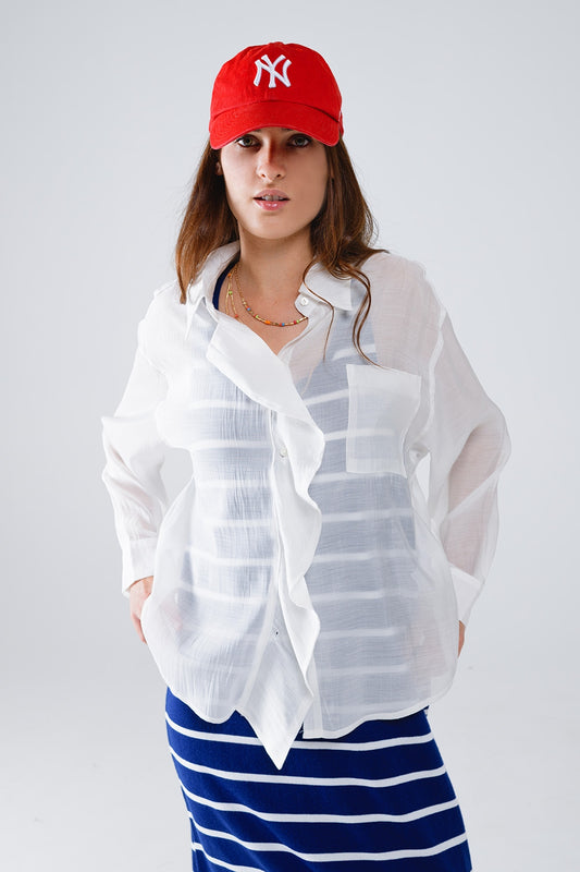White Semi Sheer Blouse With Ruffle Detail Down The Front