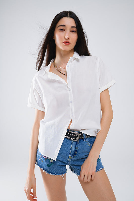 White Short Sleeve Relaxed Button Up Shirt