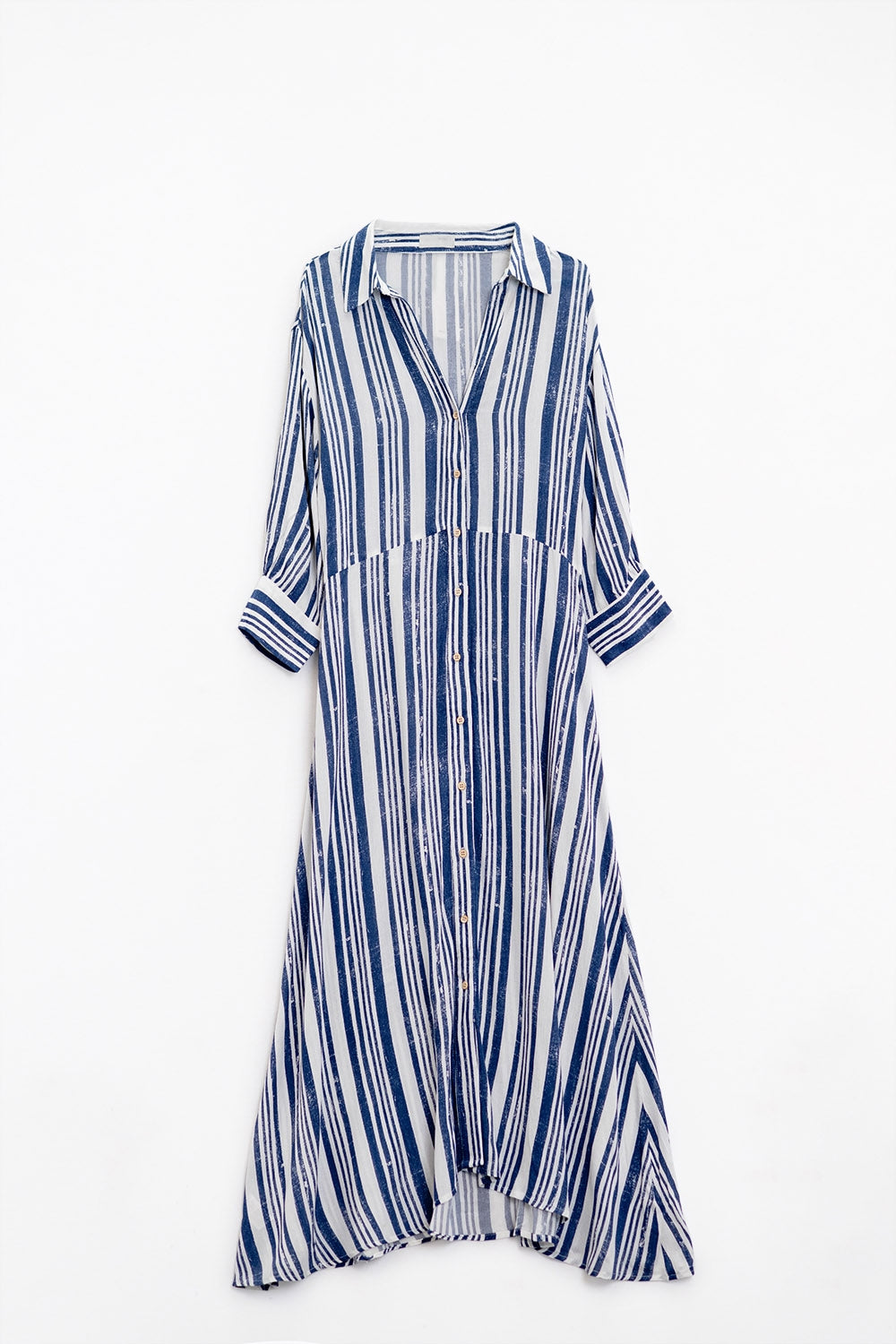 Stripped Maxi Shirt Dress with 3/4 Sleeve and Belt in Blue and White