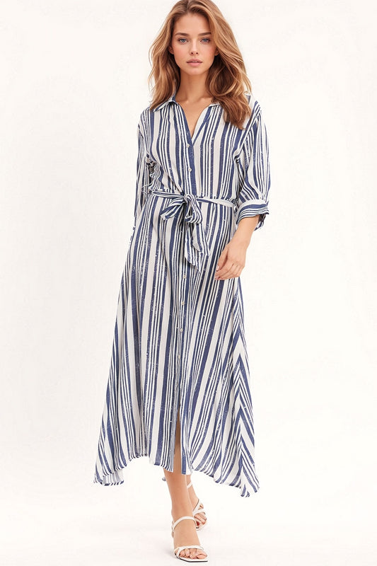 Stripped Maxi Shirt Dress with 3/4 Sleeve and Belt in Blue and White