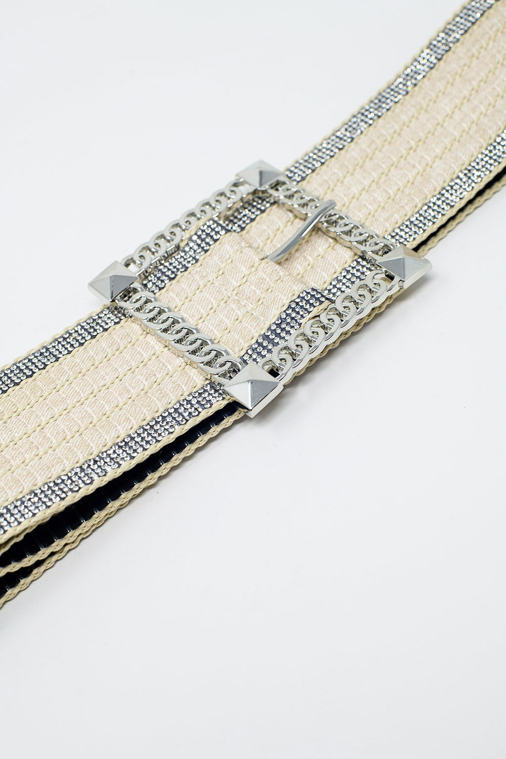 White Woven Belt with Rhinestones Buckle