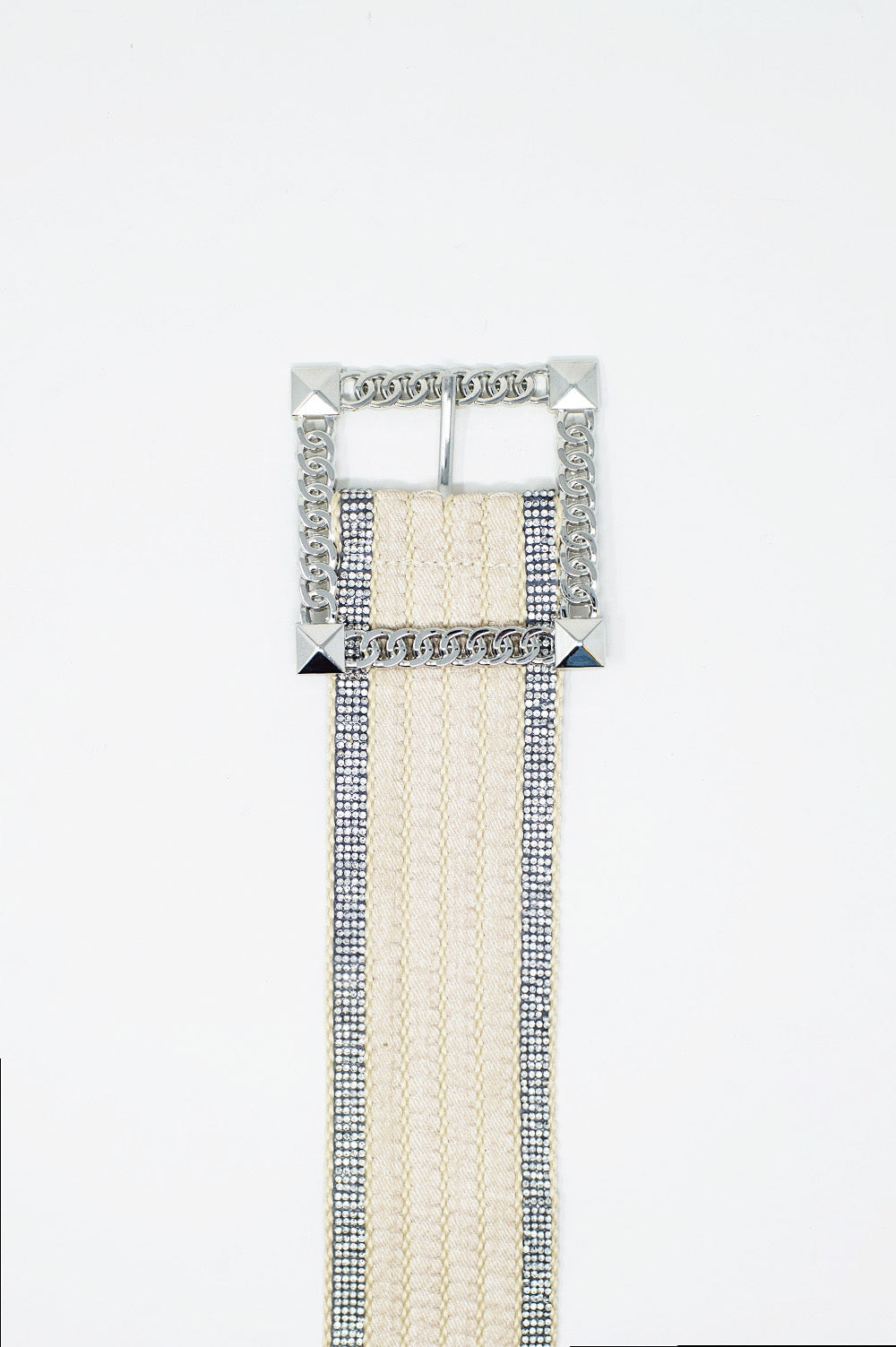 White Woven Belt with Rhinestones Buckle