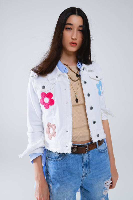 White Denim Jacket with Embroidered Flowers