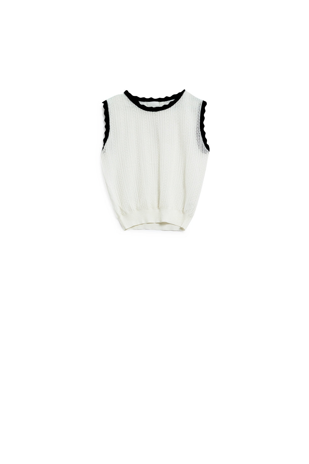 White Classic Knitted Pointelle Top With Black Wavy Trim