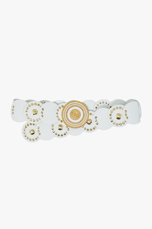 White Vegan Leather Belt with Rhinestone and Round Buckle