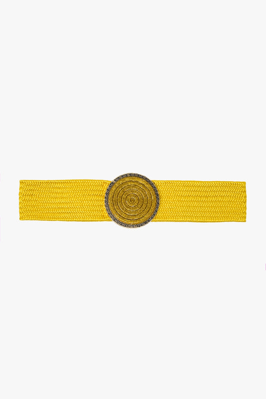 Yellow Wove Belt with Round Rhinestones Buckle