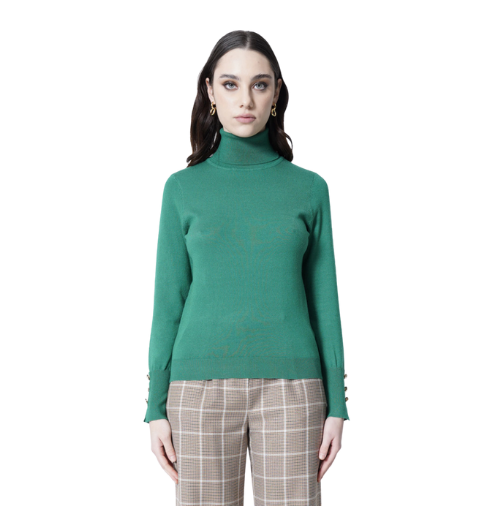 Green High Neck Sweater with Golden Jewel Buttons