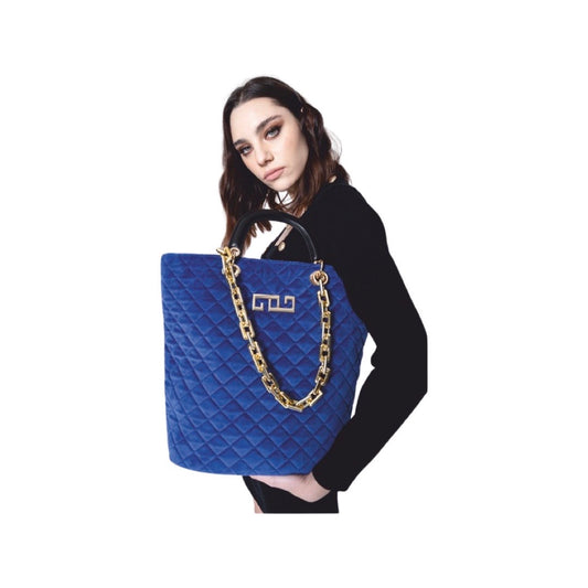 Large Blue Quilted Velvet Purse with Golden Chain