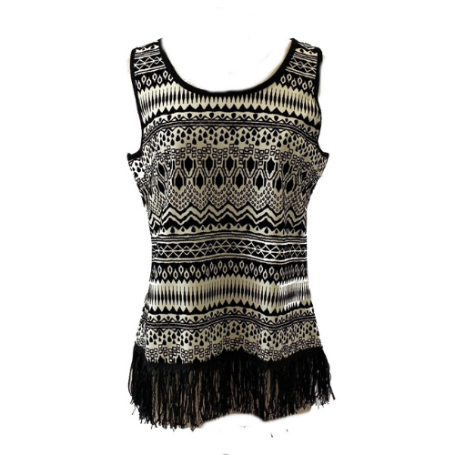 Black & White Sleeveless Tribal Design with Fringed Trim